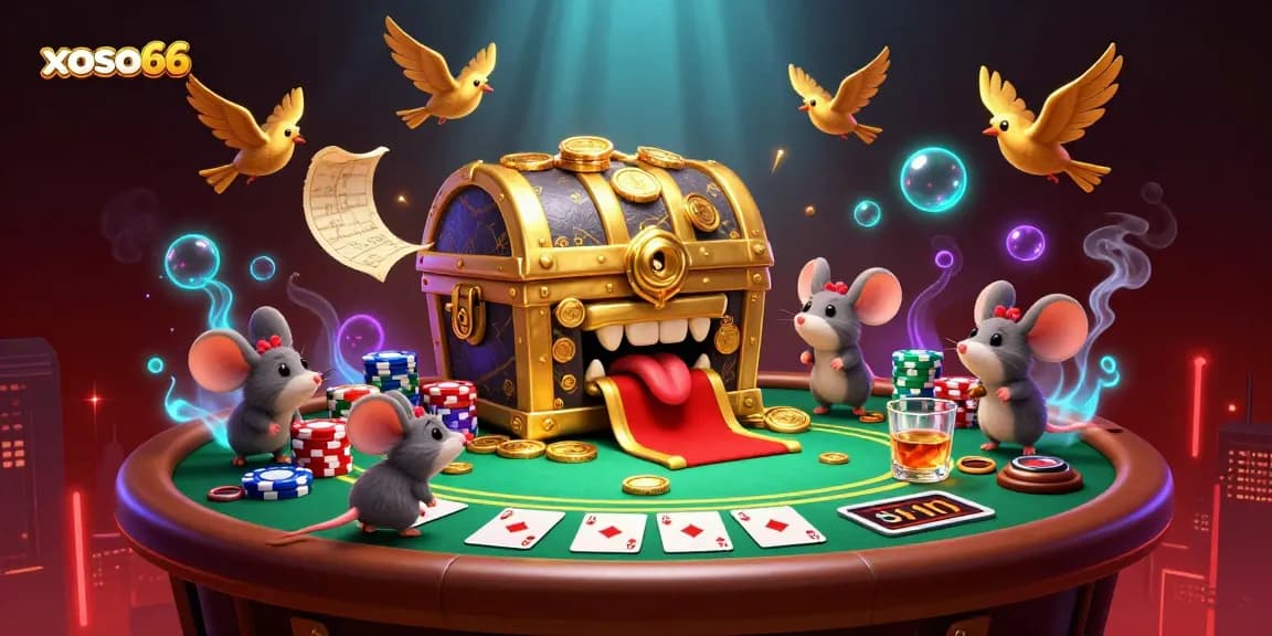 xoso66 poker action featuring a cartoon treasure chest and vibrant casino elements