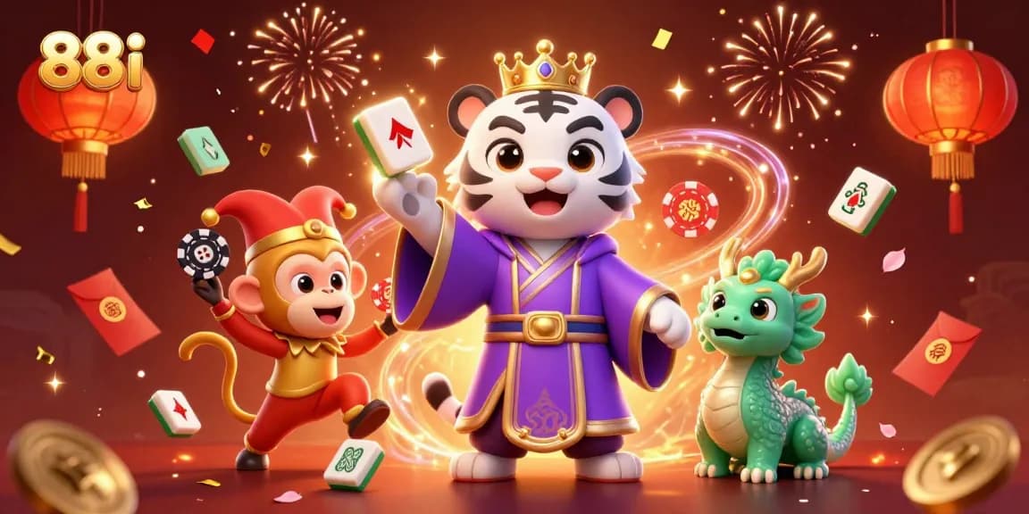 Experience the vibrant world of 88i with a majestic tiger and playful monkey celebrating casino gaming.