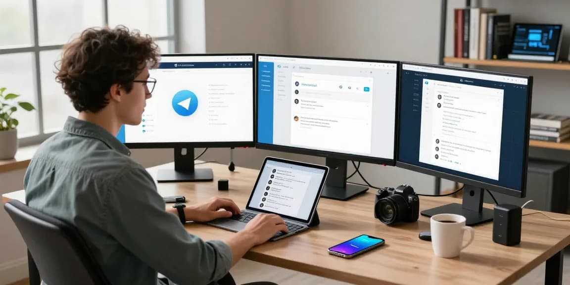 User using the Telegram Web Version on multiple screens in a modern digital workspace.