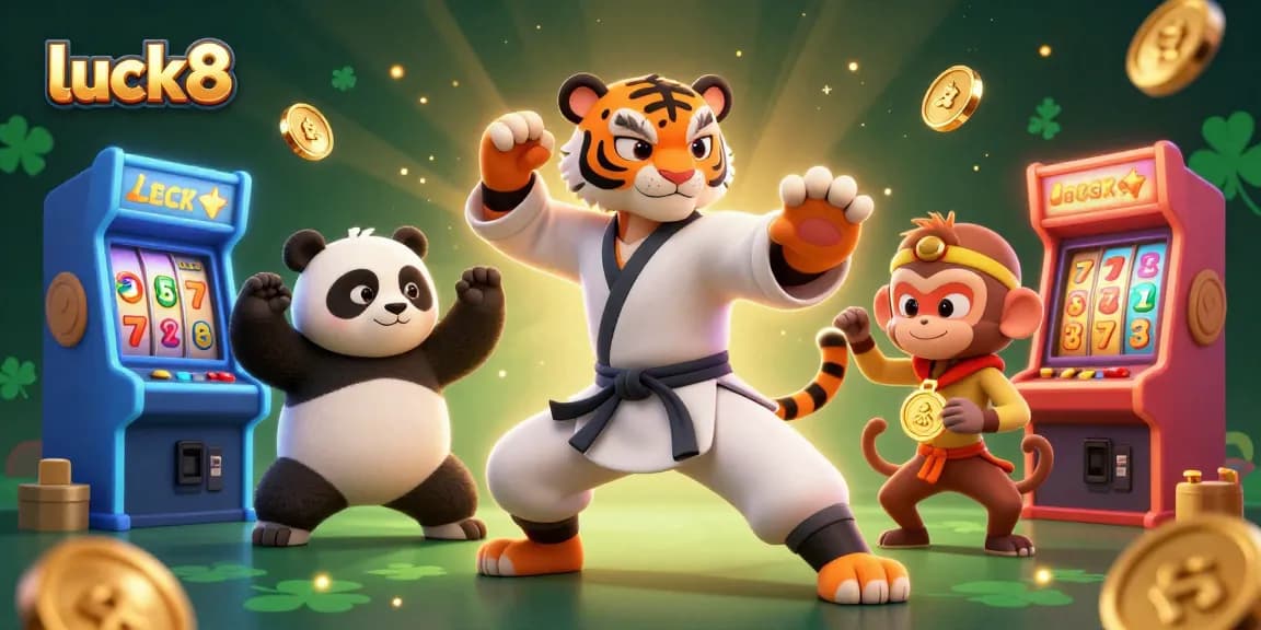 Engage in exciting gaming at luck8 with a kung fu tiger, panda, and monkey surrounded by casino elements.