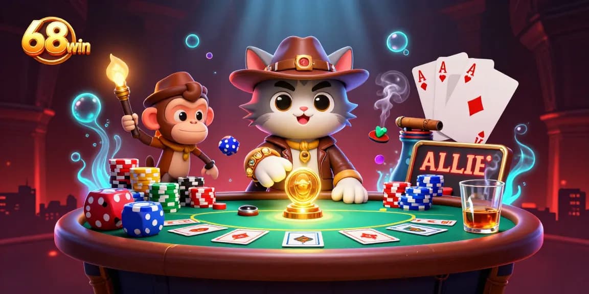 Exploring the 68win treasure in a captivating casino scene filled with poker elements.