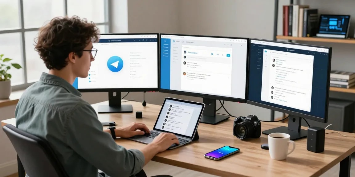 User using the Telegram Web Version on multiple screens in a modern digital workspace.