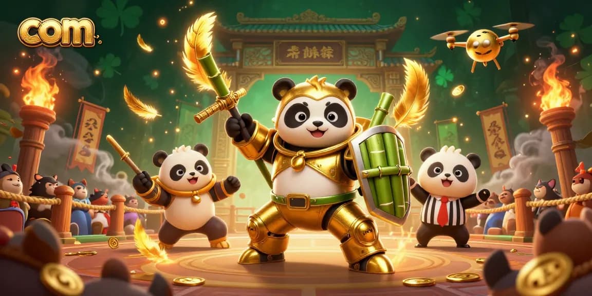 Engage in exciting gameplay at com with golden panda piloting a robot in a dynamic casino arena.