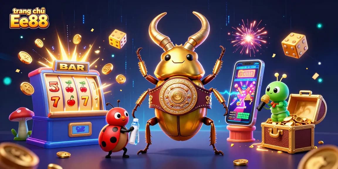 Experience excitement on trang chủ Ee88 with a vibrant 3D illustration of unique casino elements.