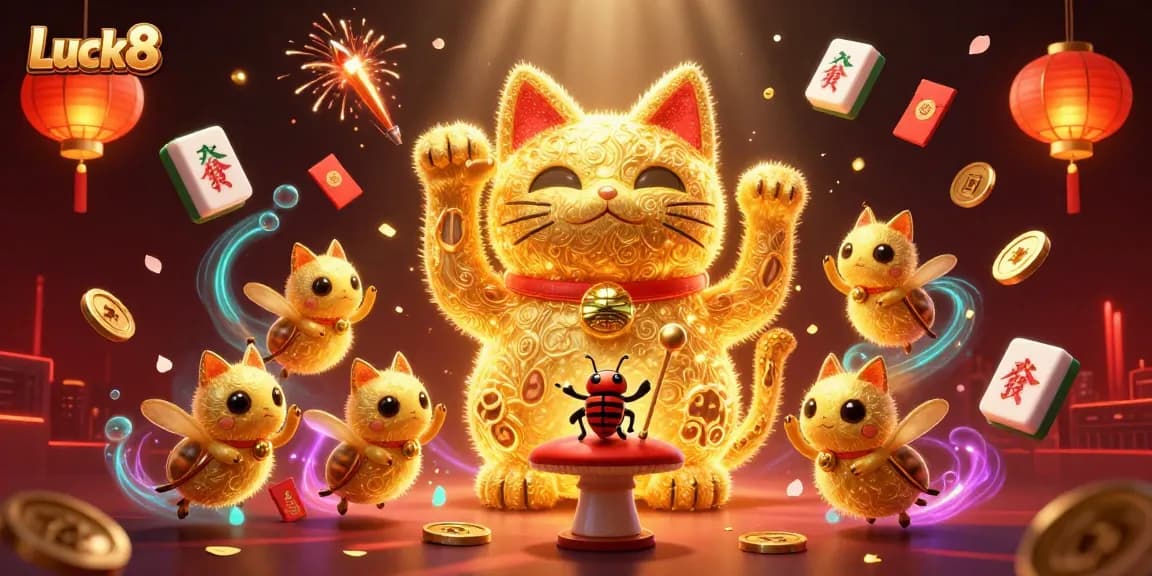 Experience Luck8 at its finest with a dazzling illustration of a lucky cat and casino symbols, perfect for online gaming.