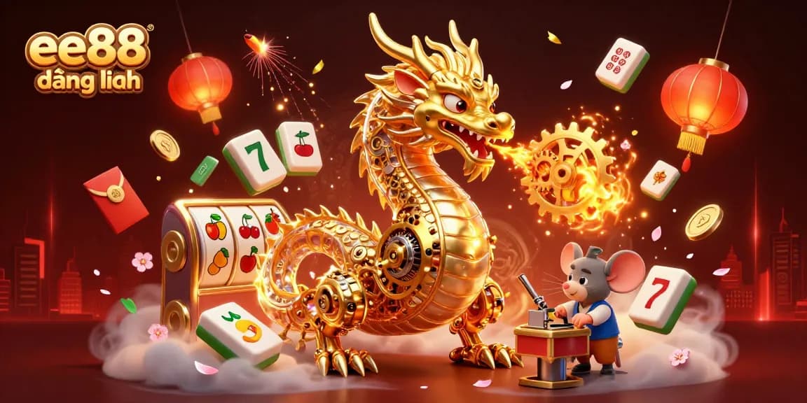 Experience the thrill of ee88 đăng nhập with a dynamic scene featuring a golden dragon and slot reels.