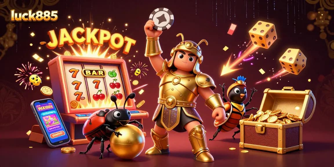 Experience excitement at luck885 with a victorious beetle character celebrating a slot jackpot win in a dynamic casino scene.