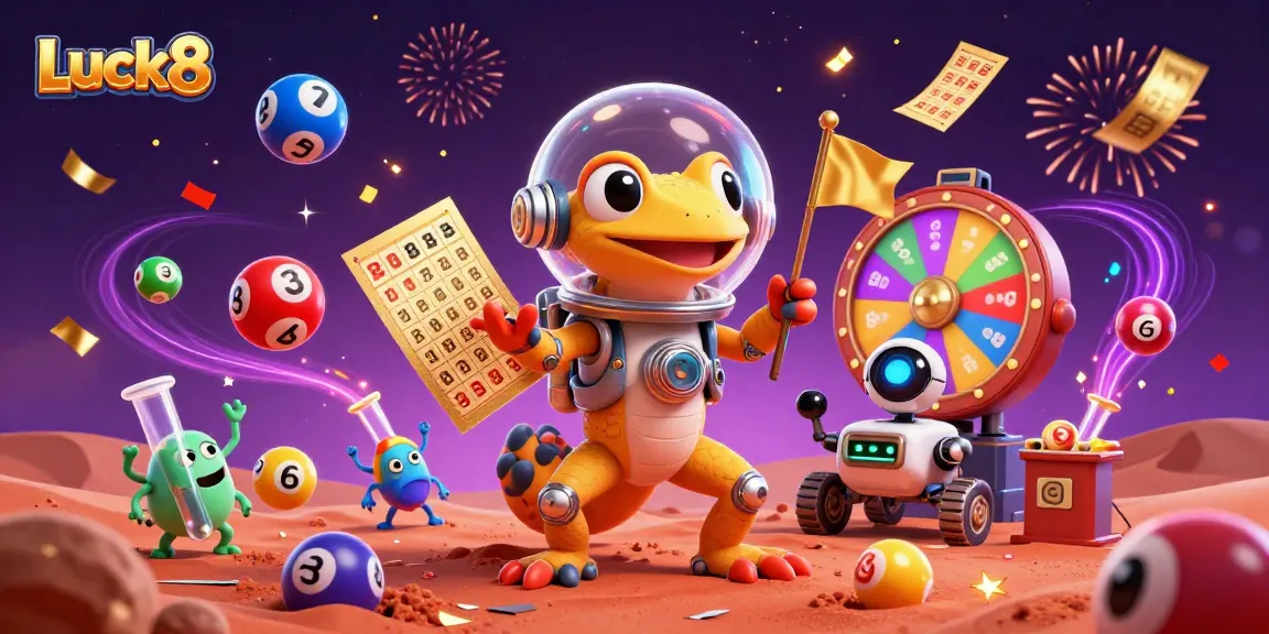 Luck8 Bingo excitement captured as a Martian gecko celebrates discovering a golden casino.