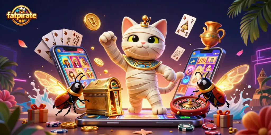 Experience the excitement of fatpirate as a cartoon mummy cat uncovers gaming treasures in a lively pyramid casino.