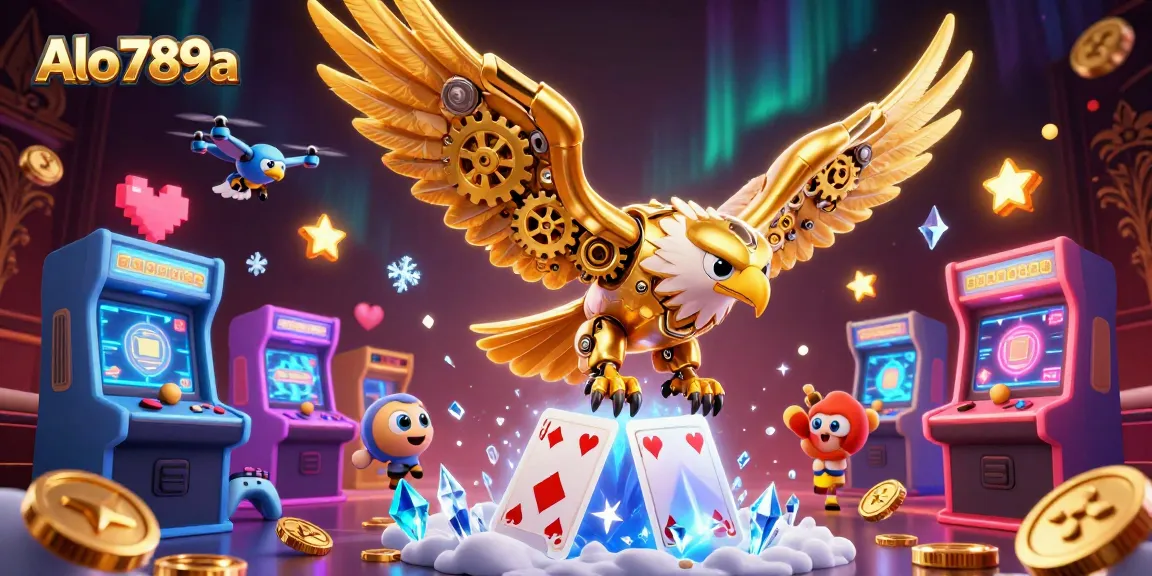 Alo 789a showcases the exhilarating thrill of online cockfighting with dynamic visuals of an eagle amidst casino elements.
