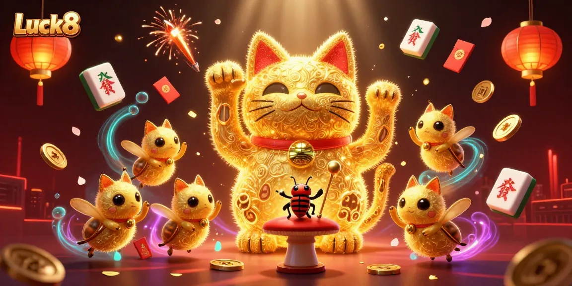 Experience Luck8 at its finest with a dazzling illustration of a lucky cat and casino symbols, perfect for online gaming.