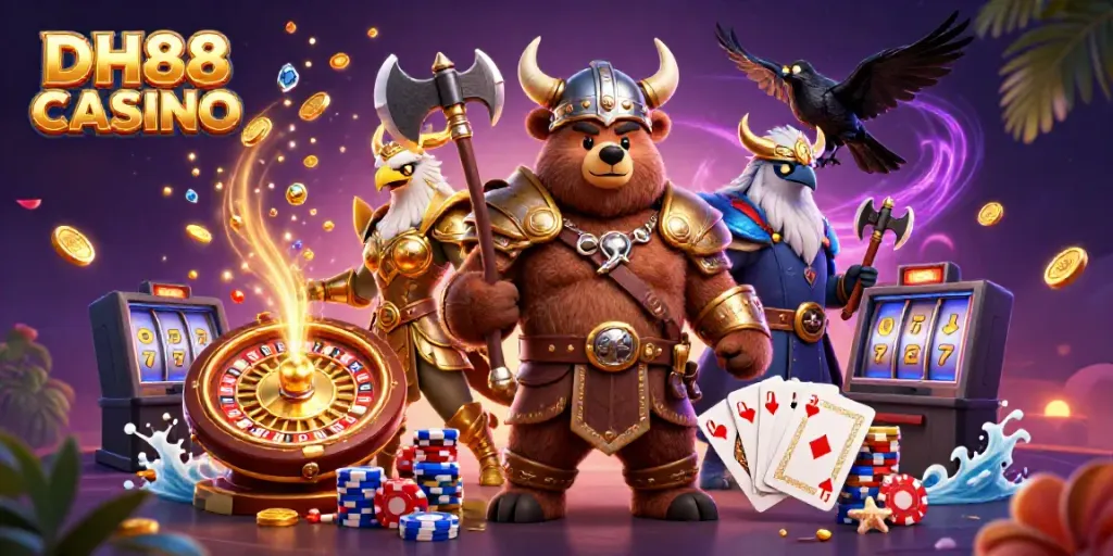 Experience excitement with DH88 CASINO, featuring a dynamic casino scene of cartoon characters and vibrant game elements.