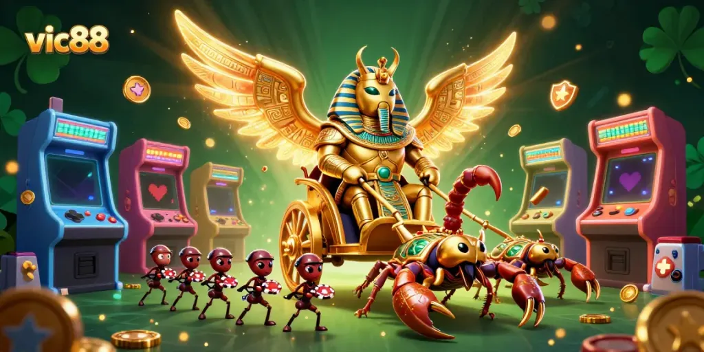 Engage with vic88's dynamic casino games in this 3D illustration showing a golden scarab and gaming elements.
