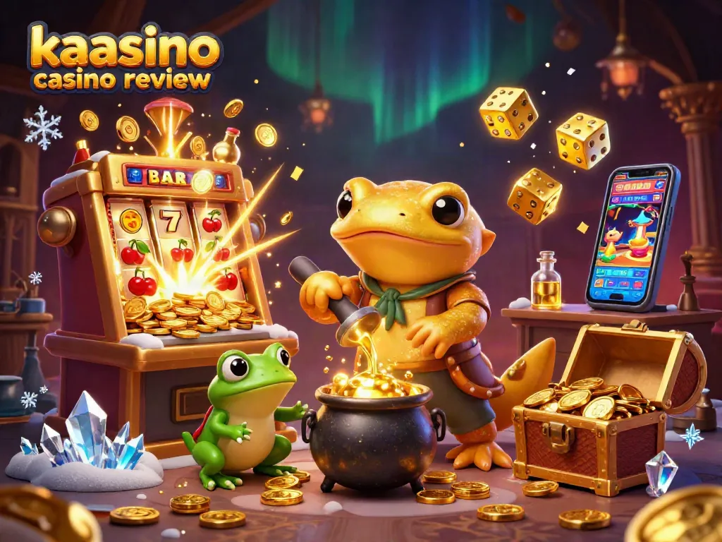 Kaasino casino review illustrates an alchemist and his apprentice in a dynamic casino setting, showcasing vibrant gaming elements.