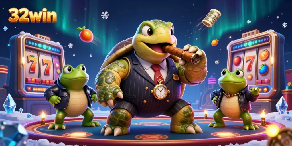Immerse yourself in the vibrant world of 32win with a lively cartoon scene featuring striking gambling elements.