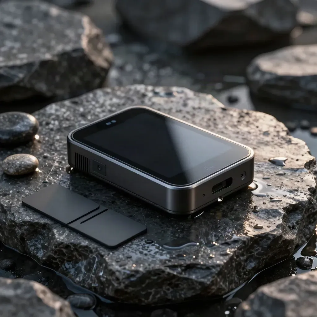 Donkere productfoto van een Beeldscan Pro module op nat basalt met kaarttegels en een waterdruppel.