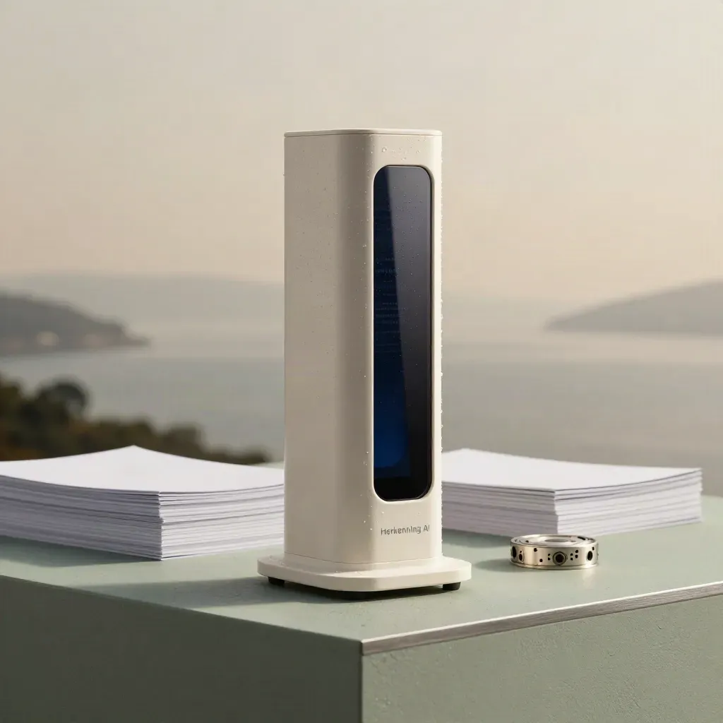 Matte scanner met papieren stapel, audiopuck en connectorring op sage beton.