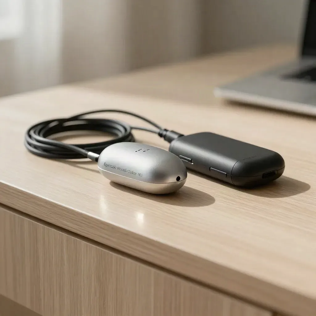 Spraak-naar-tekst product naast audiorecorder en kabel op licht houten oppervlak