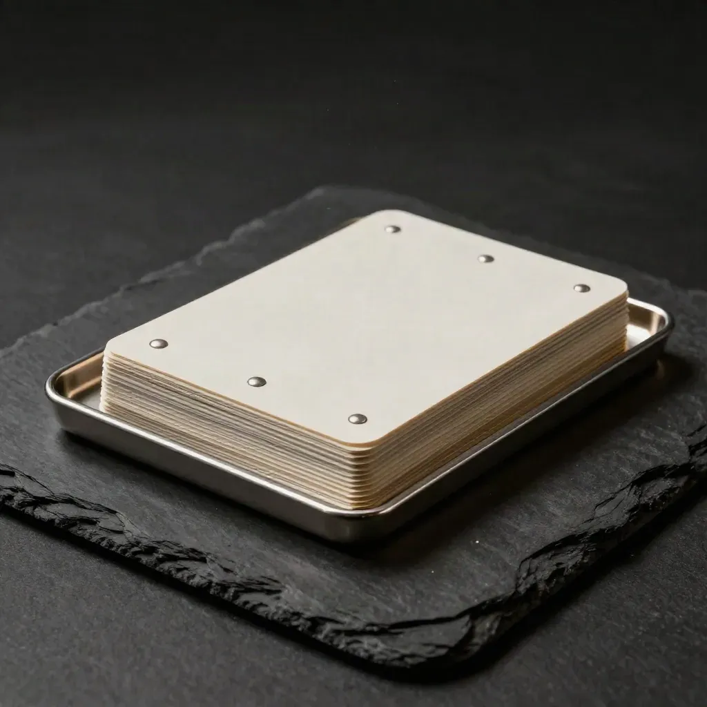 Metadatatag-set met witte kaartjes, metalen tray en magneetjes op een donkere studio-opstelling.