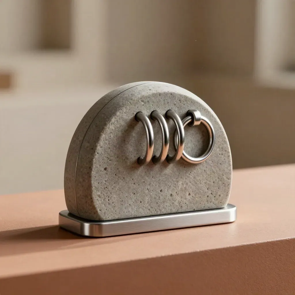 Glanzend logodetectiepakket met drie ringtokens op terracotta plint in zachte studioverlichting.