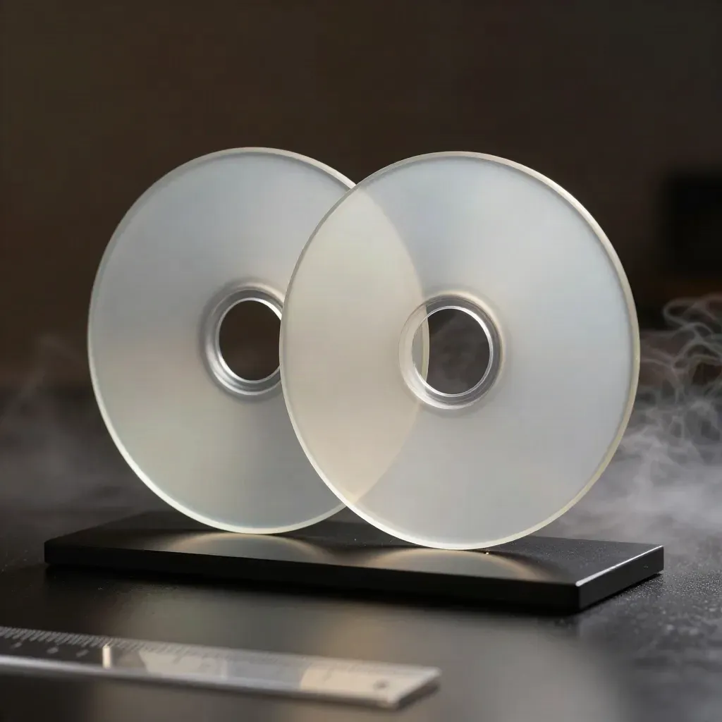 Twee frosted profieldiscs op een donkere basis, in perfecte face-match