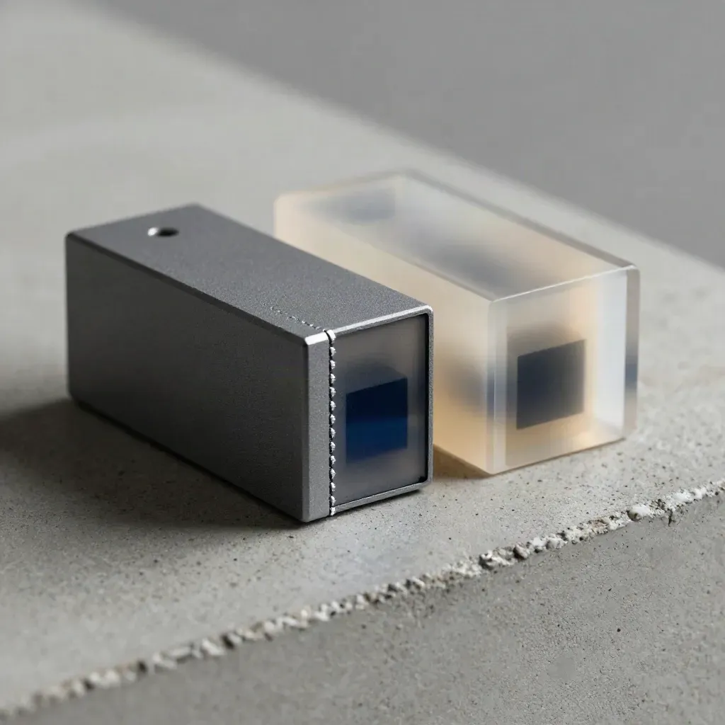 Twee AI-modules in macro: één mat, één doorschijnend, op koel beton met zachte lichtval.