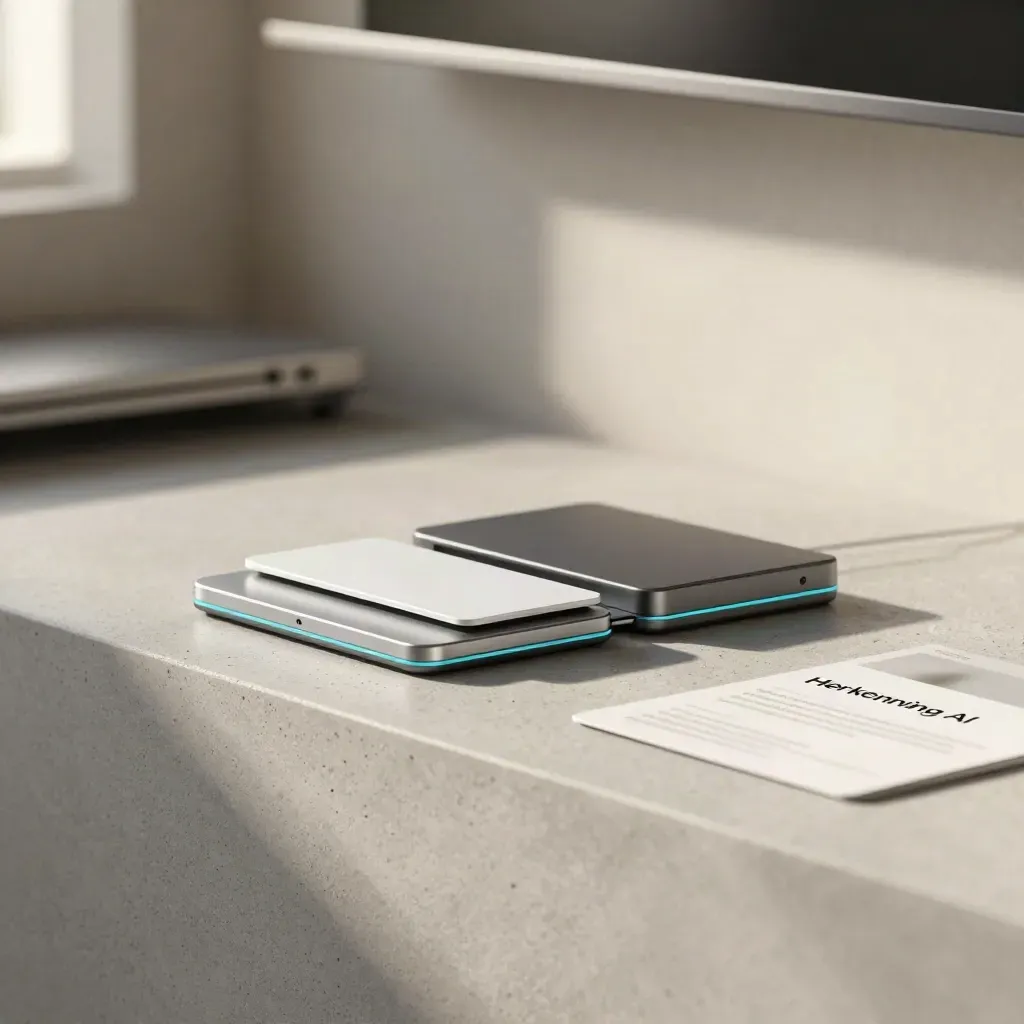 Modulair AI-product in een moderne ruimte met zachte cyan gloed en zwevende sfeer.