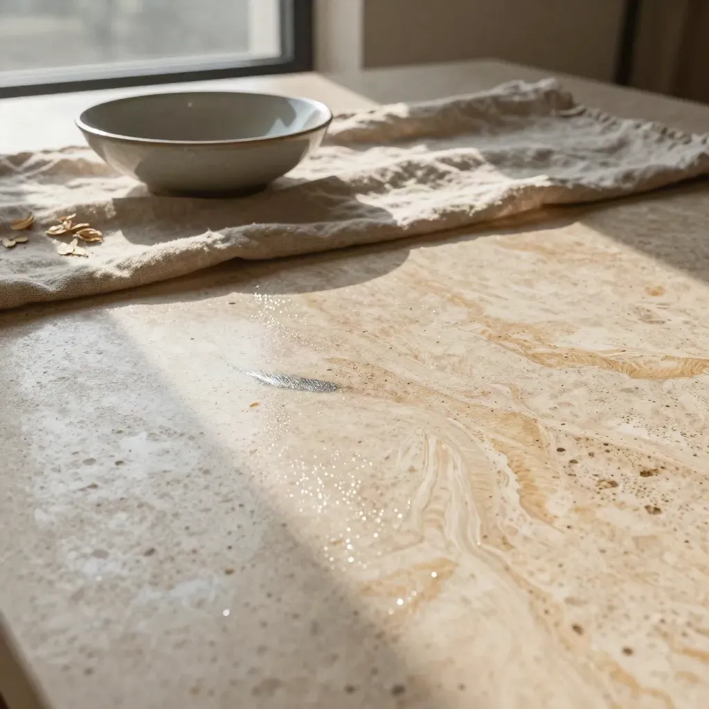 Travertin tafel met linnen runner en kom in zacht ochtendlicht, veel rustige ruimte.