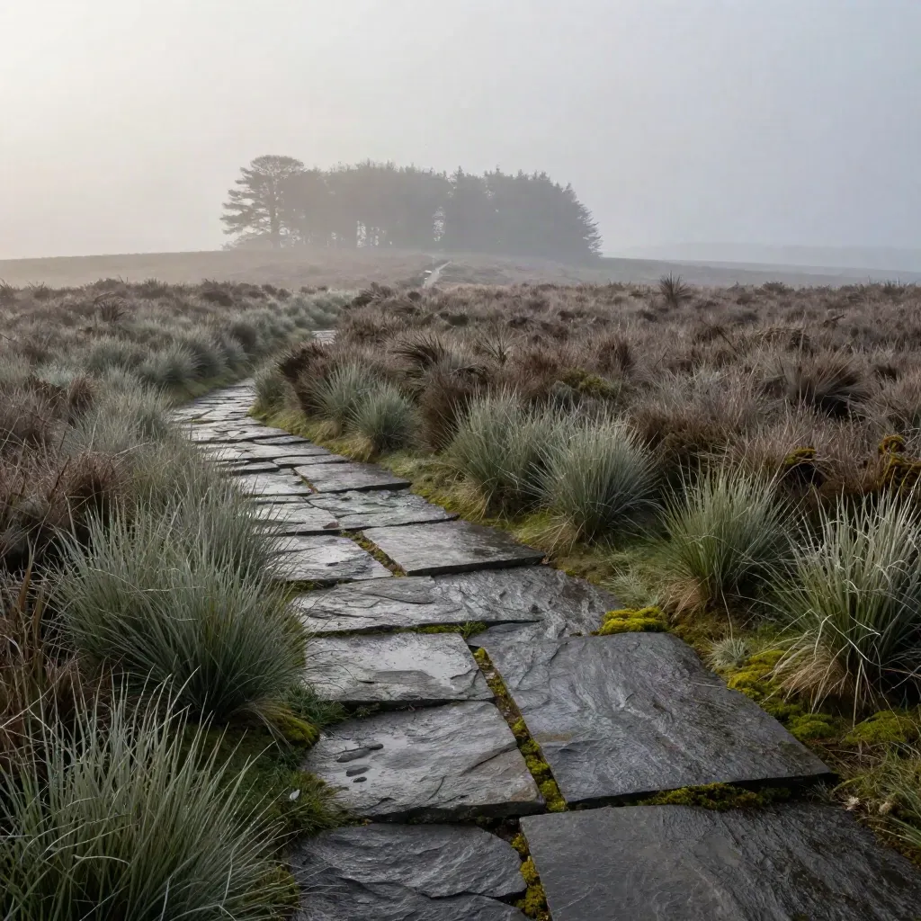 Mistige heide met leistenen paden, gras en verre bomen onder een zachte grijze lucht.