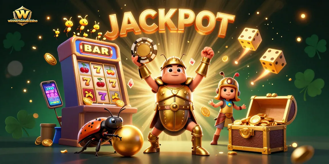 Celebrate jackpots at winnerislandcasino with a vibrant 3D illustration of beetles and casino themes.