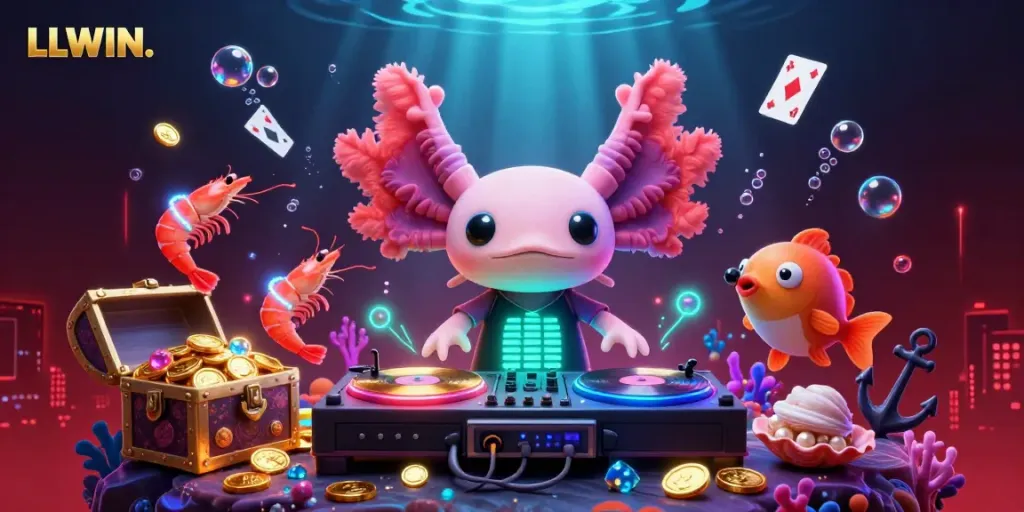 LLWIN showcases an energetic underwater scene with a vibrant axolotl DJ and glowing shrimp, celebrating casino vibes.
