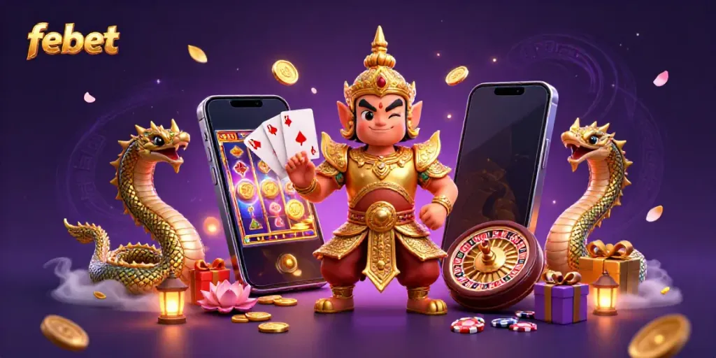 Experience top-notch gaming with febet's vibrant casino elements featuring 3D characters and dynamic slots.