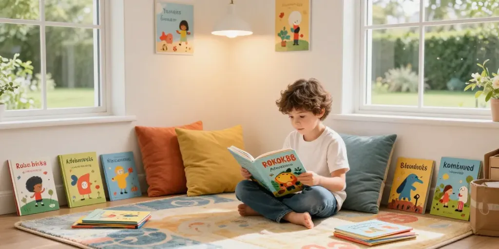 Children's reading nook featuring ROKOK88 storybooks for an engaging reading experience.