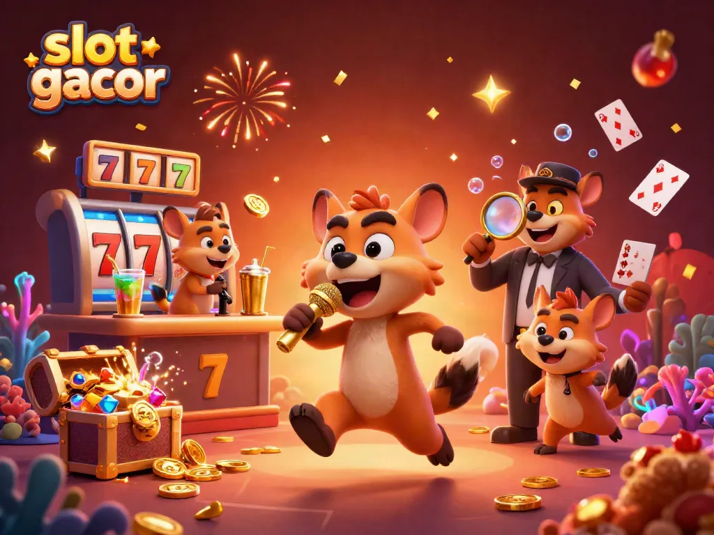 Engage with slot gacor characters in an energetic casino scene depicting fun and camaraderie.
