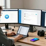 User using the Telegram Web Version on multiple screens in a modern digital workspace.