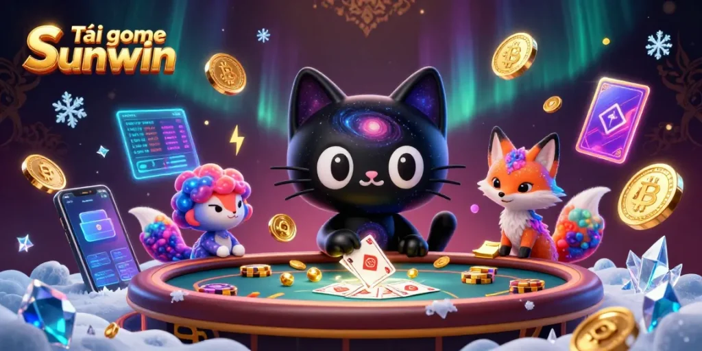 Engage in thrilling gameplay with Tải game Sunwin, featuring a black hole cat and vibrant casino elements.