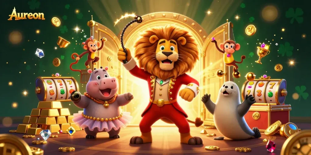Aureon casino's vibrant illustration showcases slots and thrilling characters amidst treasure and excitement.