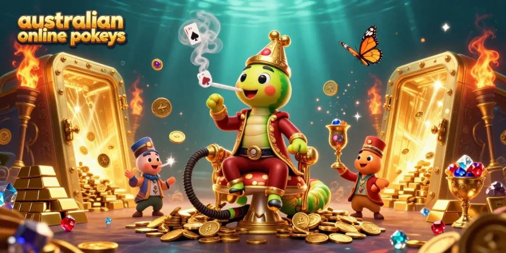 Experience the thrill of australian online pokies with animated treasure and vibrant casino symbols.
